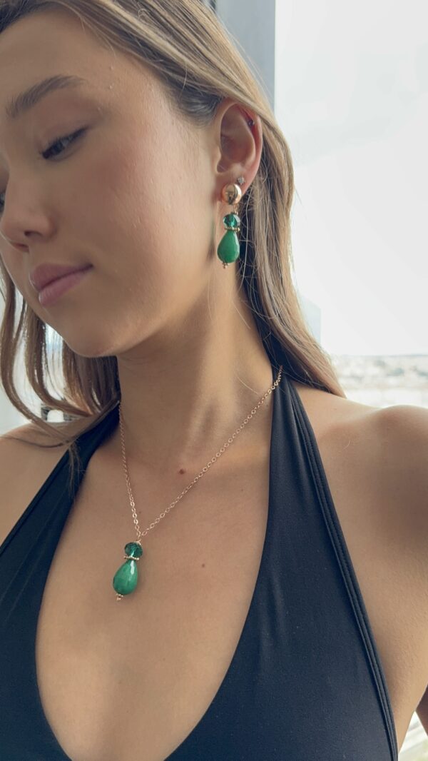 Parure collier et boucles d’oreilles en jade vert – Laiton trempé dans l’or 24 carats (2 fois) – Image 3