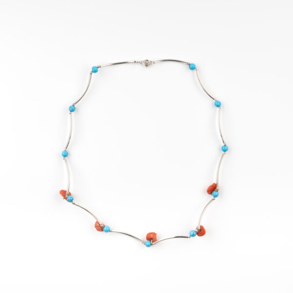 Collier en argent, corail et turquoise – Pièce artisanale uniqueCollier en argent, corail et turquoise – Pièce artisanale unique
